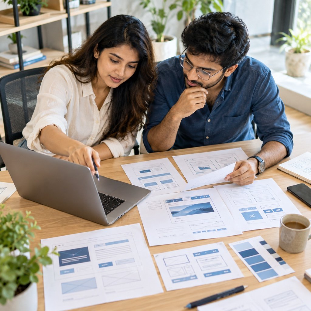 Designers planning a business website together
